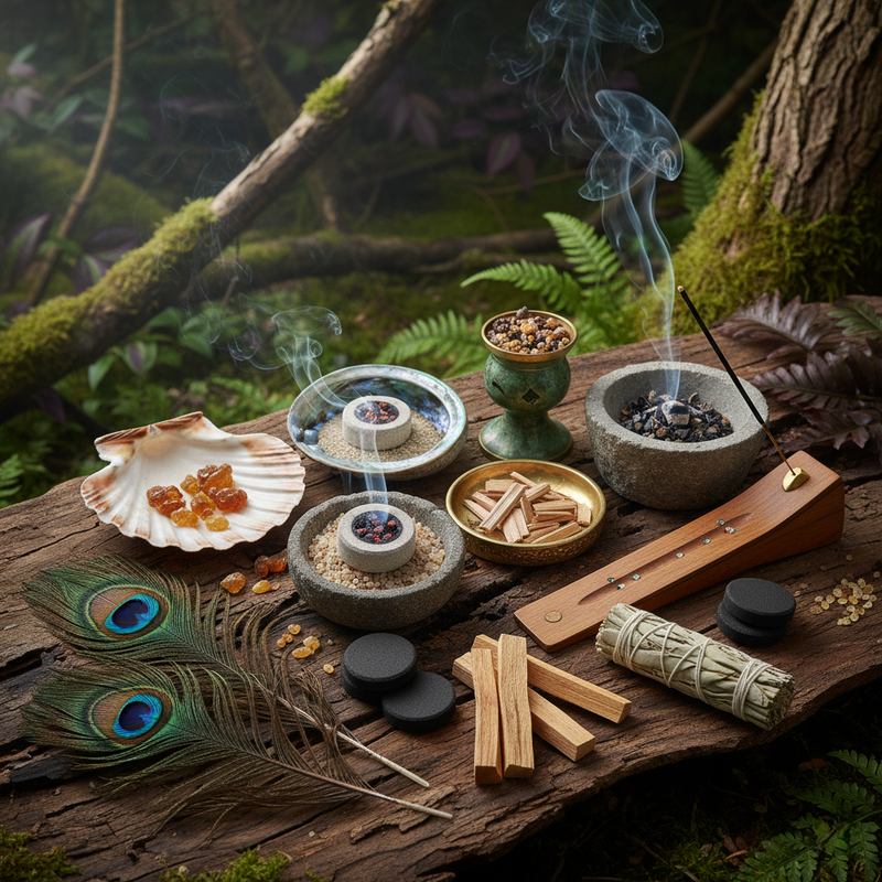 Assortiment d'accessoires de fumigation (sauge, palo santo, encens, plumes) sur un tronc d'arbre.
