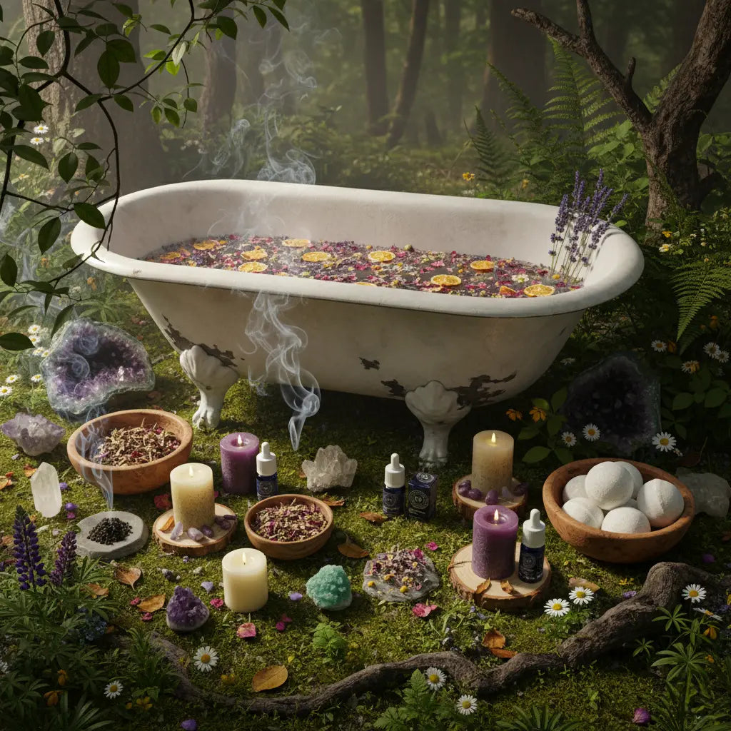 Baignoire sur pieds dans une forêt, entourée de bougies, cristaux et herbes pour le bien-être.