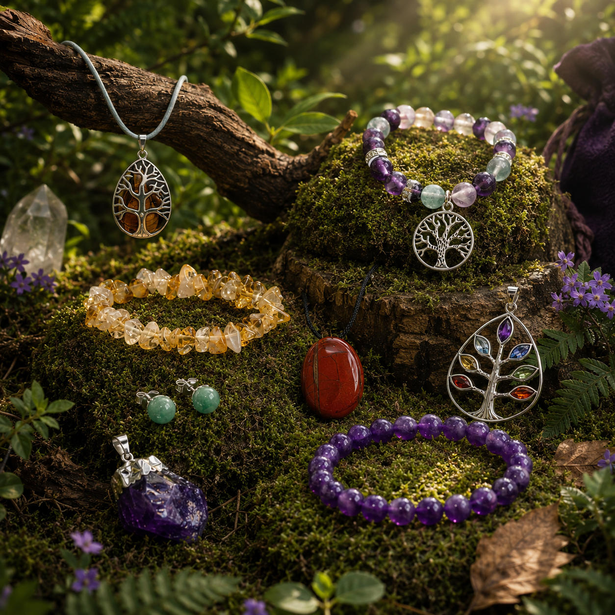 Bijoux de lithothérapie (bracelets, pendentifs arbre de vie) et cristaux sur une planche en bois.