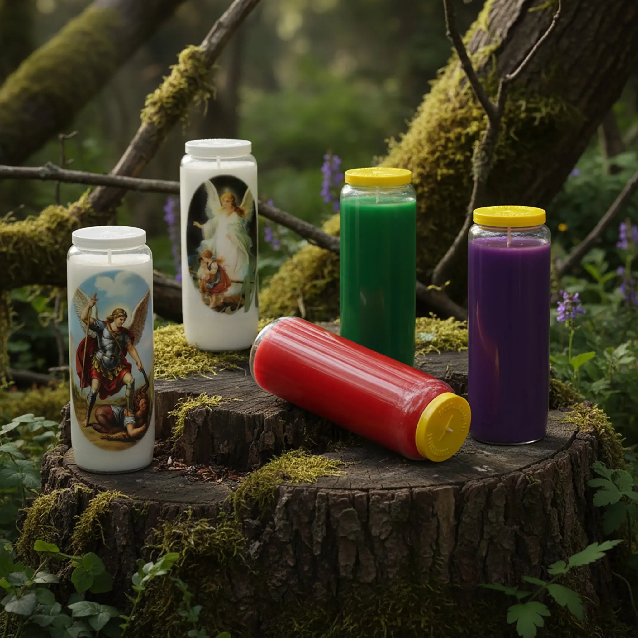 Collection de bougies de neuvaine (Saints et couleurs unies) sur une souche d'arbre en forêt.