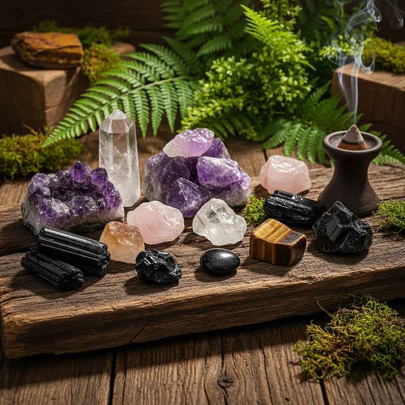 Collection de pierres brutes (améthyste, quartz, tourmaline) sur une planche en bois avec encens.