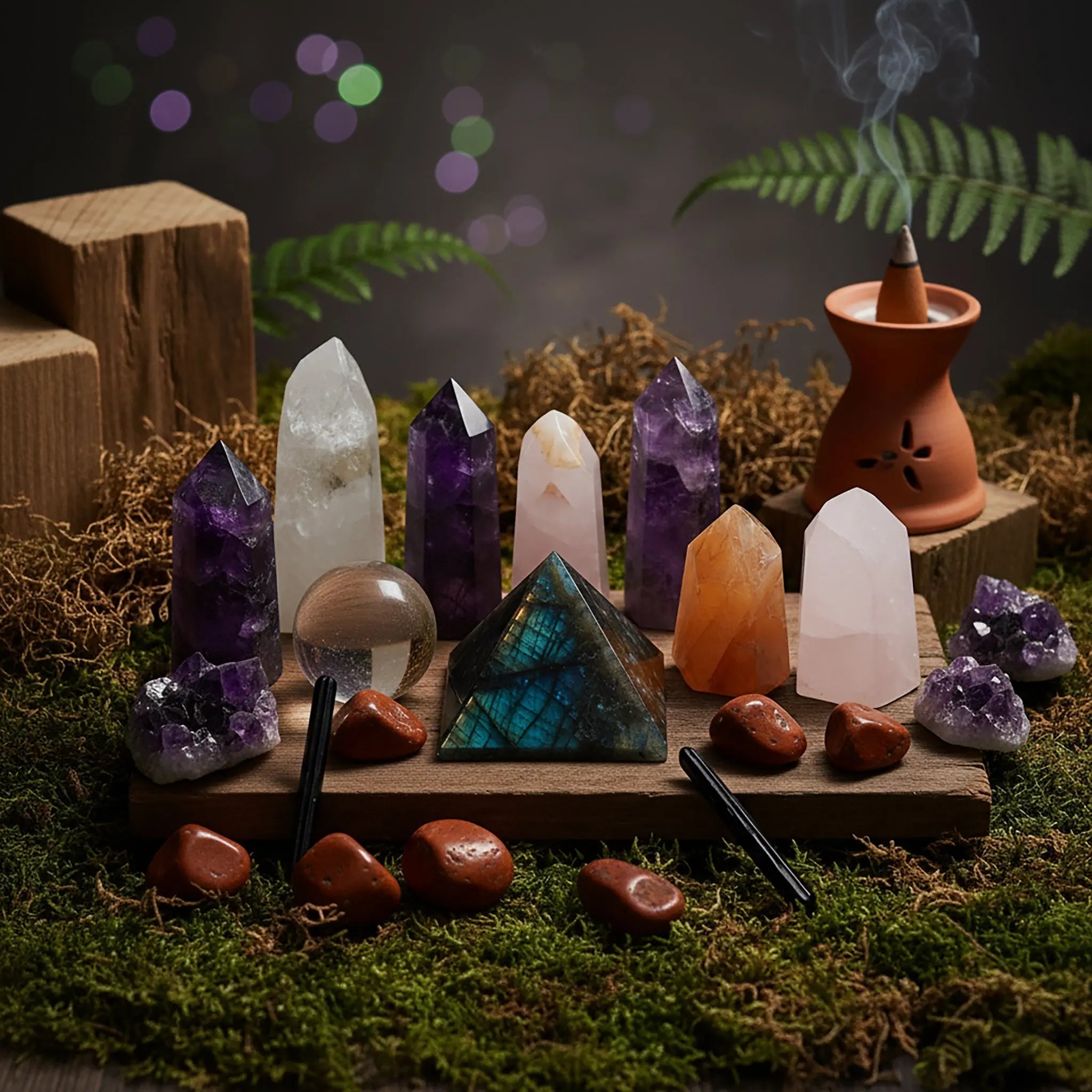 Collection de pierres et cristaux taillés (pointes, pyramide) avec encens sur un lit de mousse.