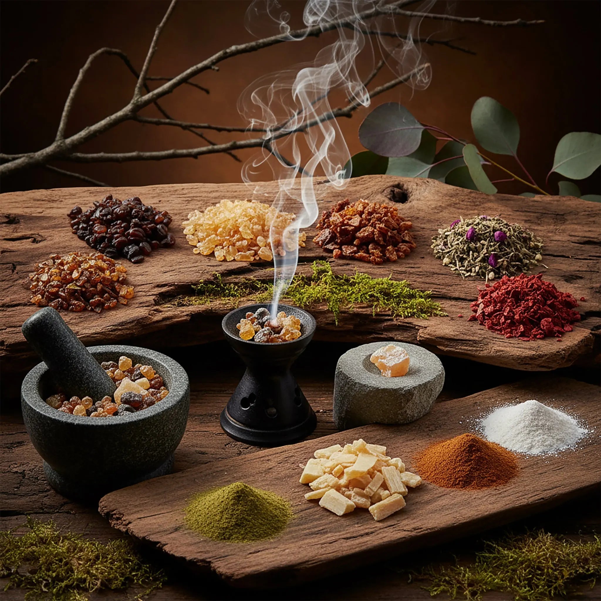 Assortiment d'encens en grains, résines et poudres naturelles sur bois, avec mortier et brûle-encens.