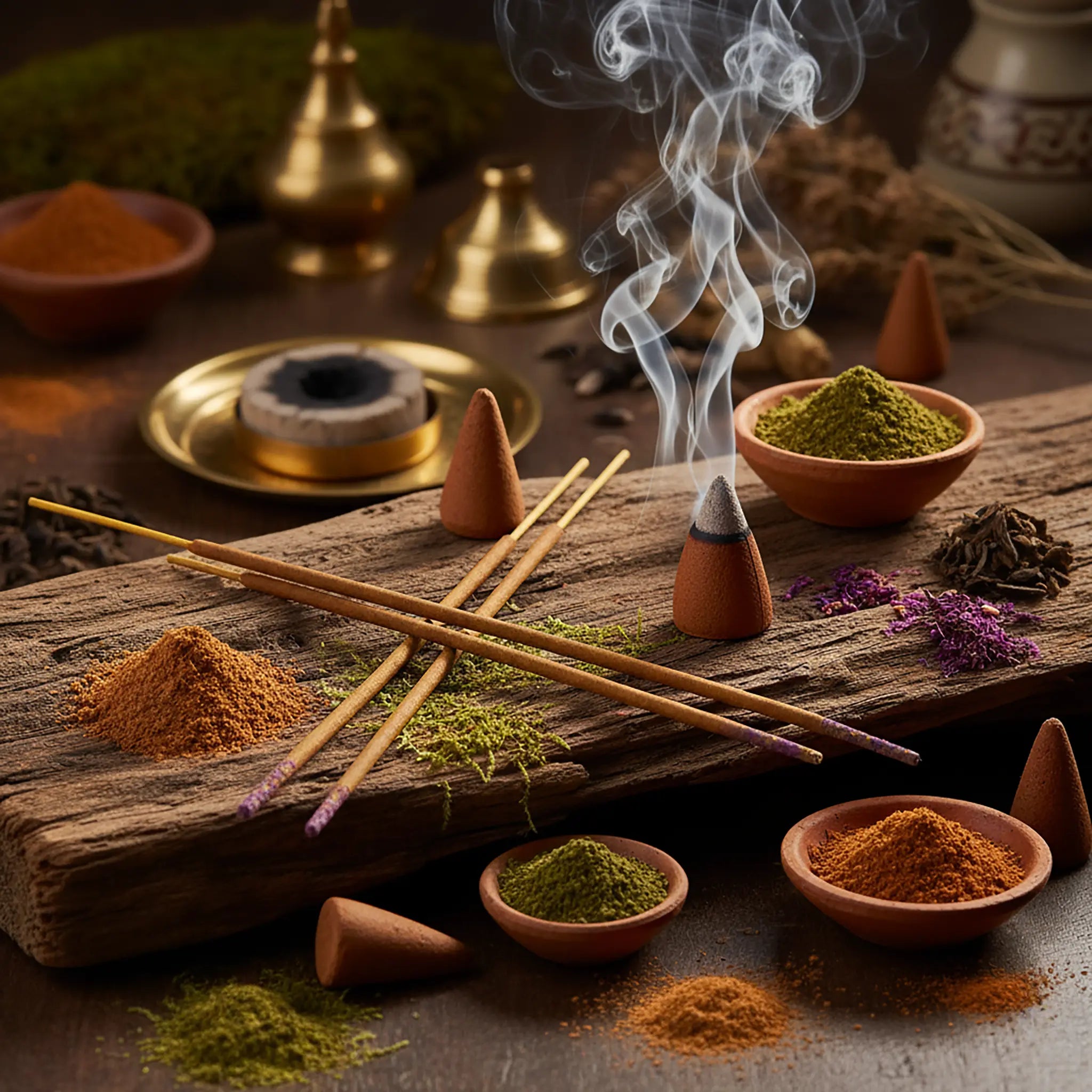 Encens indiens (bâtonnets, cônes, poudres) fumant sur un présentoir en bois.