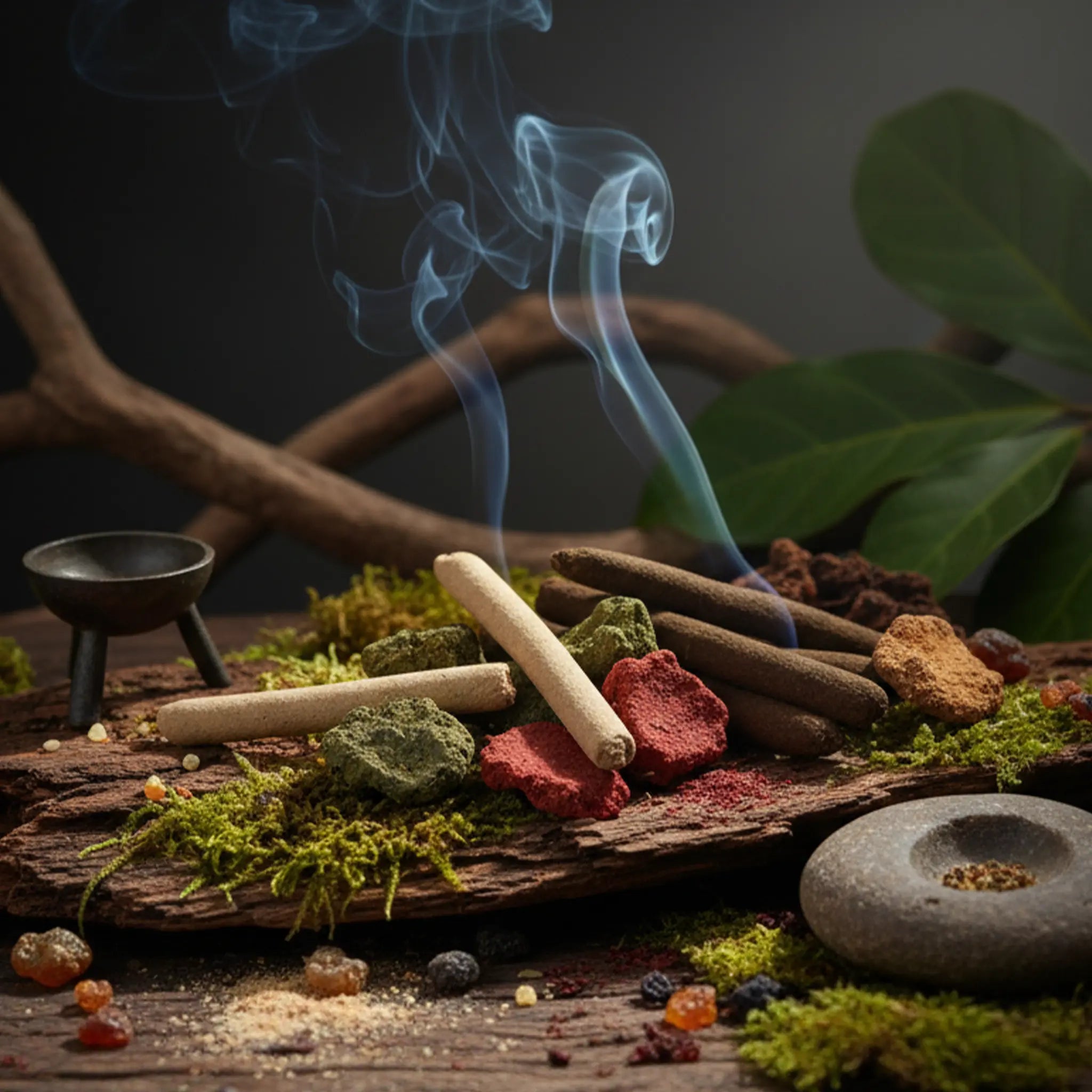 Encens thaïlandais (bâtonnets, poudres) fumant sur un morceau de bois et de mousse.