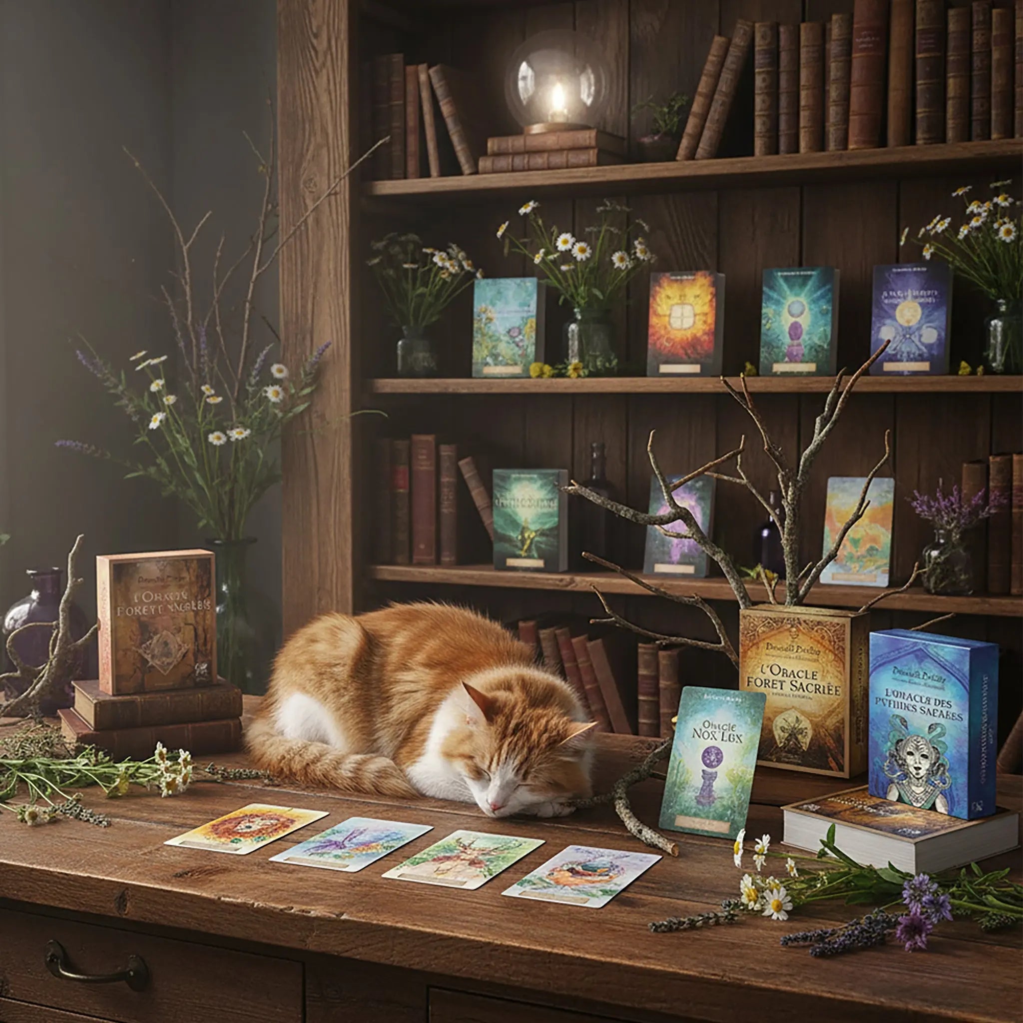 Chat roux endormi sur un bureau en bois, entouré de jeux d'oracles et de cartes étalées.