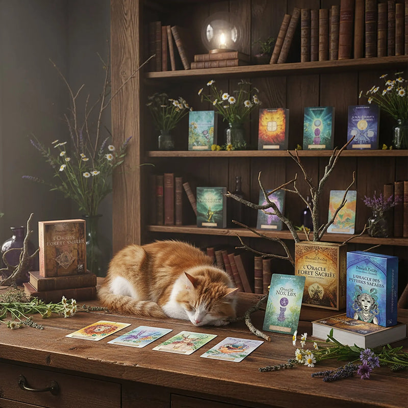 Chat roux endormi sur un bureau en bois, entouré de jeux d'oracles et de cartes étalées.