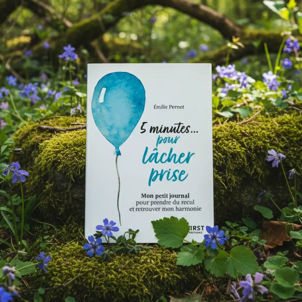 Livre 5 Minutes pour Lâcher Prise d'Emilie Pernet illustré d'un ballon bleu, posé sur une souche moussue en forêt.