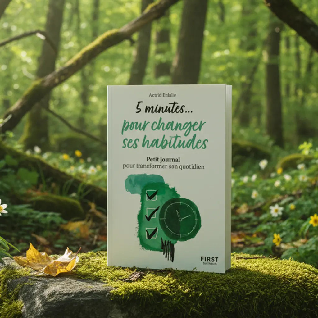 Livre vert et blanc 5 Minutes... pour Changer ses Habitudes d'Astrid Eulalie posé sur un rocher moussu en forêt, illustré d'une horloge et de cases à cocher.