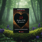 Livre noir 52 Règles d'Or du Succès de Napoleon Hill et Judith Williamson posé sur une souche moussue, illustré d'un grand cœur noir entouré d'une pluie d'étincelles dorées.