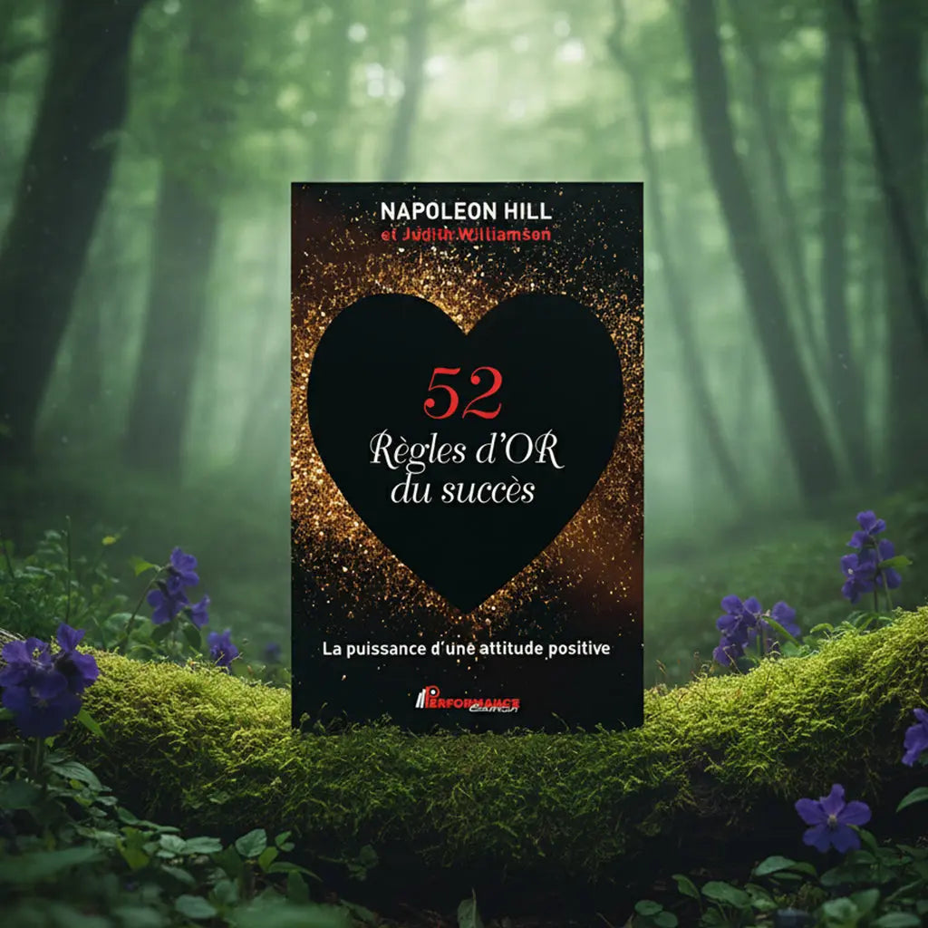 Livre noir 52 Règles d'Or du Succès de Napoleon Hill et Judith Williamson posé sur une souche moussue, illustré d'un grand cœur noir entouré d'une pluie d'étincelles dorées.