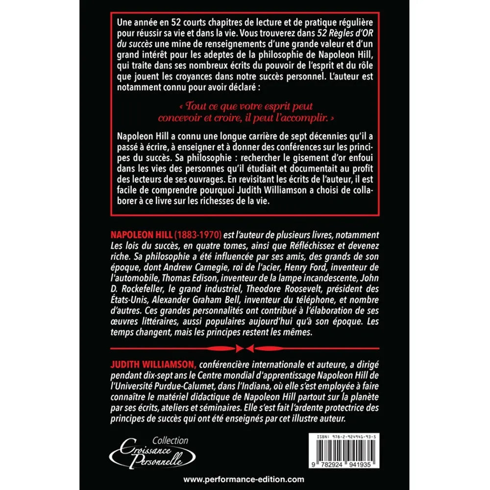 La quatrième de couverture du livre « 52 Règles d'OR du succès », présentant des textes de présentation sur fond noir, une citation de Napoleon Hill en rouge, les biographies des auteurs et un code-barres en bas à droite.