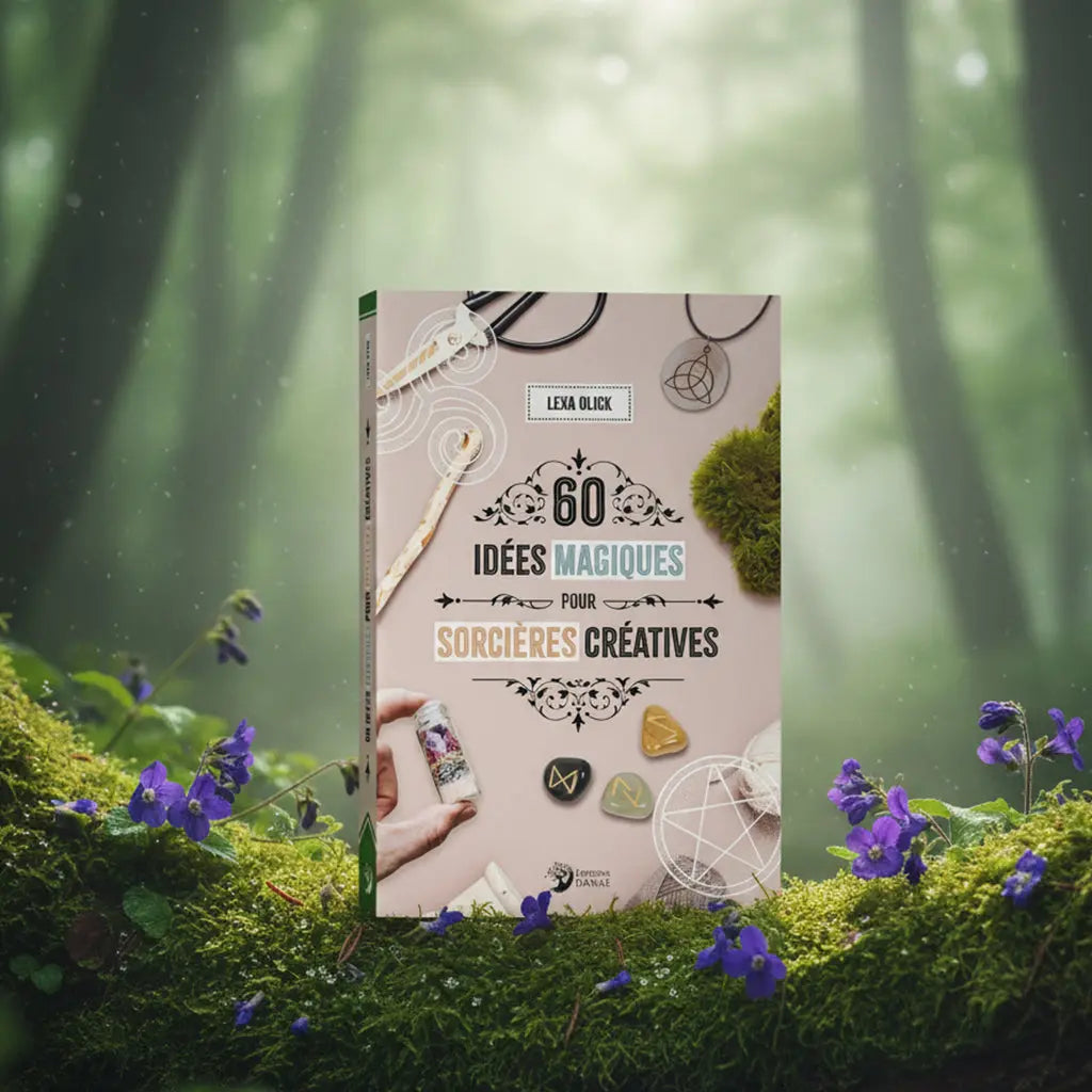 Livre rose 60 Idées Magiques pour Sorcières Créatives de Lexa Olick posé sur une souche moussue, illustré d'une main tenant une fiole de sorts, de runes et de ciseaux de couturière.