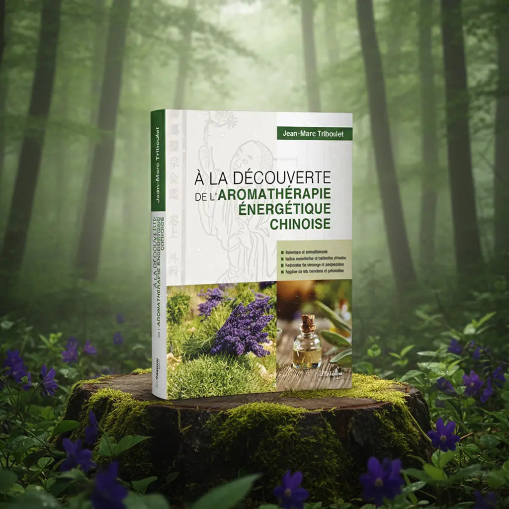 Livre À la Découverte de l'Aromathérapie Énergétique Chinoise posé sur une souche d'arbre en forêt.