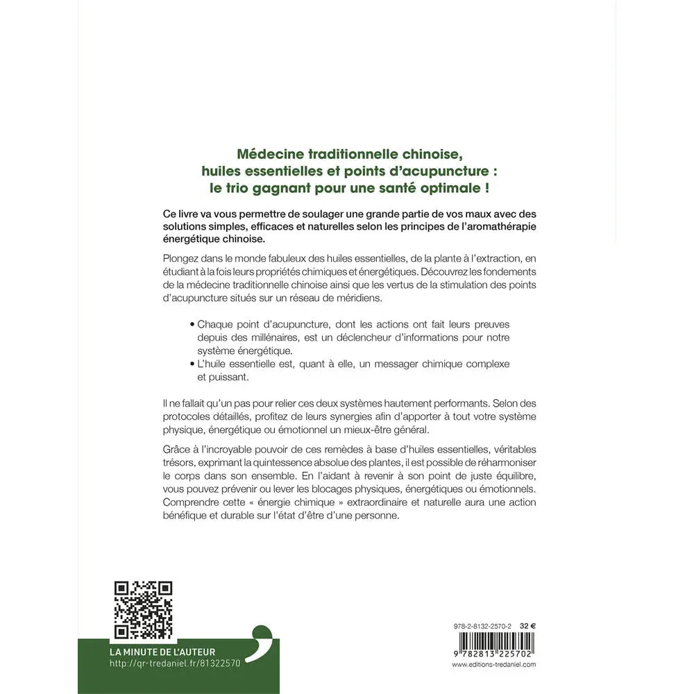 La quatrième de couverture du livre "À la découverte de l'aromathérapie énergétique chinoise", présentant un résumé de l'ouvrage sur la synergie entre huiles essentielles et acupuncture, accompagnée d'un QR code et du code-barres.