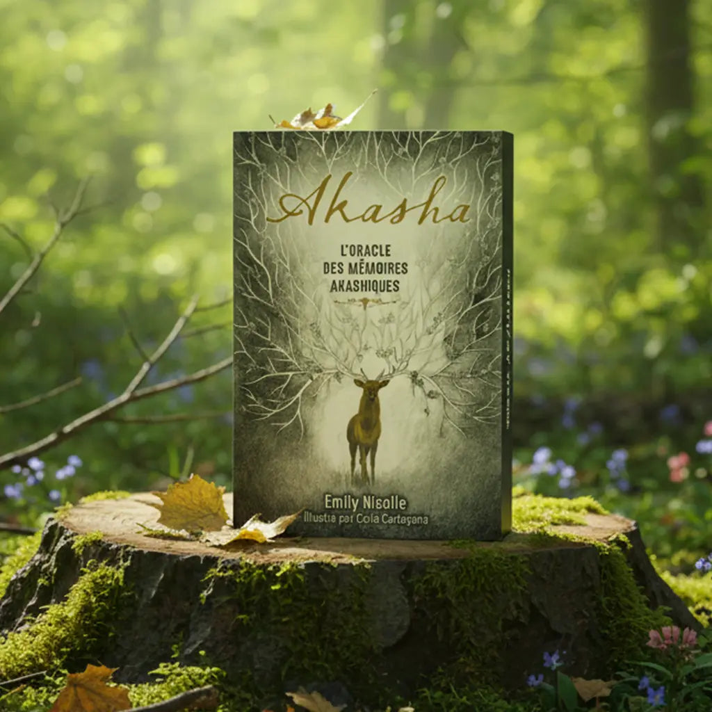Coffret Akasha L'Oracle des Mémoires Akashiques d'Emily Nicolle illustré d'un cerf majestueux aux bois blancs, posé sur une souche en forêt.