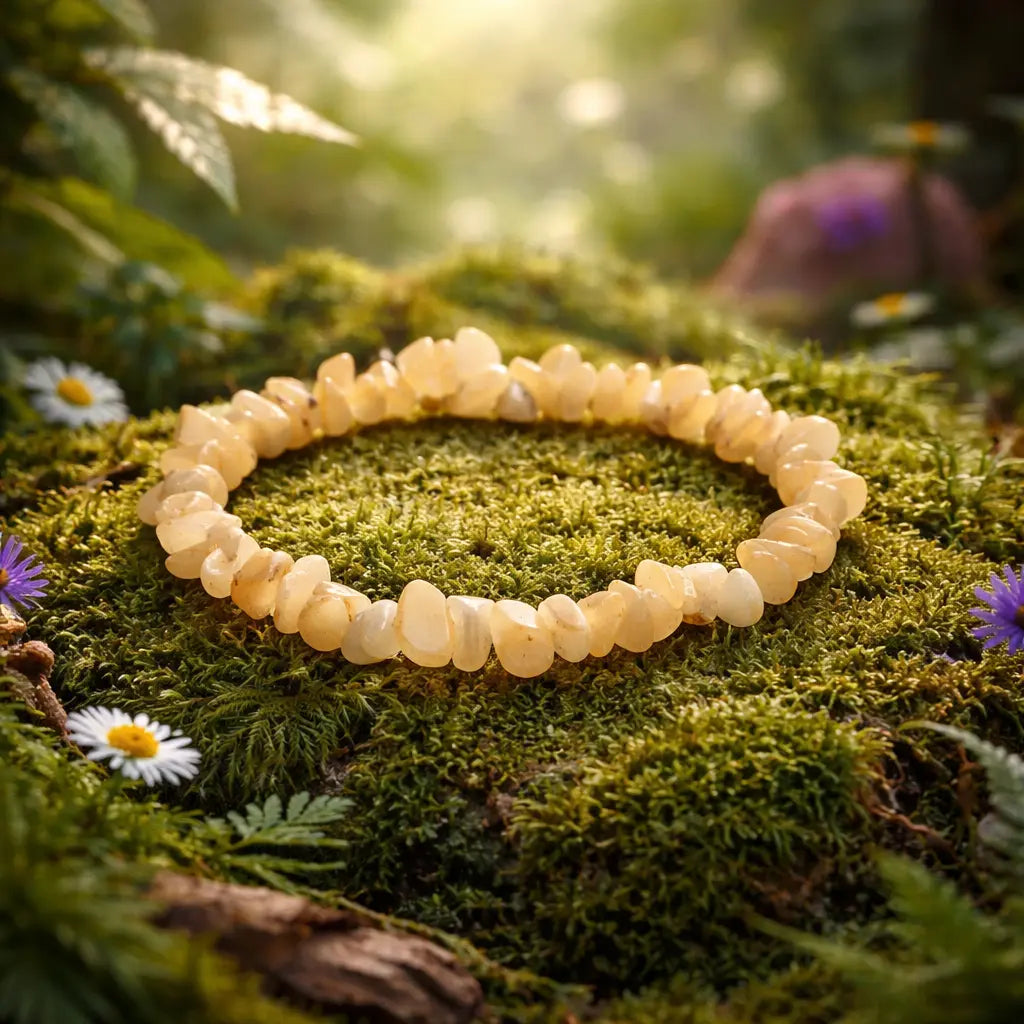 Bracelet composé d'éclats baroques d'aragonite aux tons crème et terreux, disposé sur un lit de mousse forestière parsemé de petites fleurs sauvages.