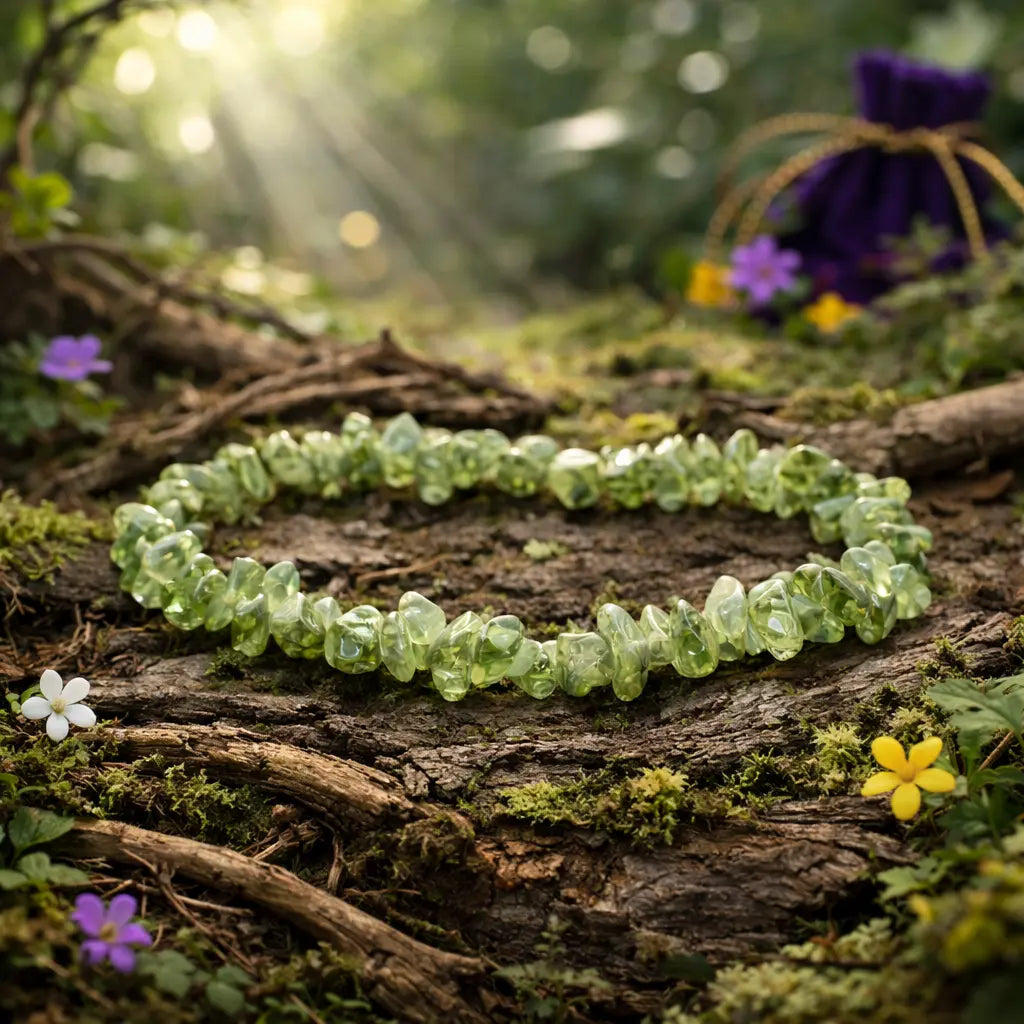 Bracelet composé de petits éclats de péridot vert olive translucide et étincelant, posé sur une écorce de bois ancienne parmi des fleurs sauvages baignées de soleil.
