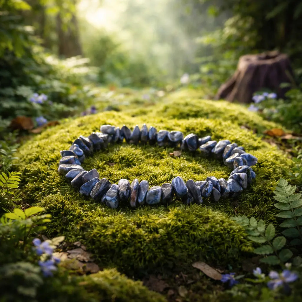 Bracelet baroque en saphir bleu nuit aux reflets mystiques, posé sur un lit de mousse forestière épaisse dans une atmosphère de sous-bois enchanté.