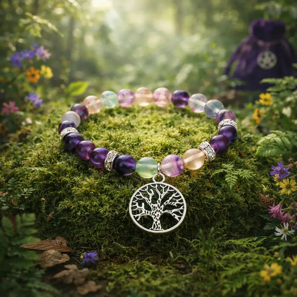 Bracelet de perles rondes en fluorite multicolore et améthyste violette avec une breloque Arbre de Vie en argent, posé sur de la mousse en forêt.
