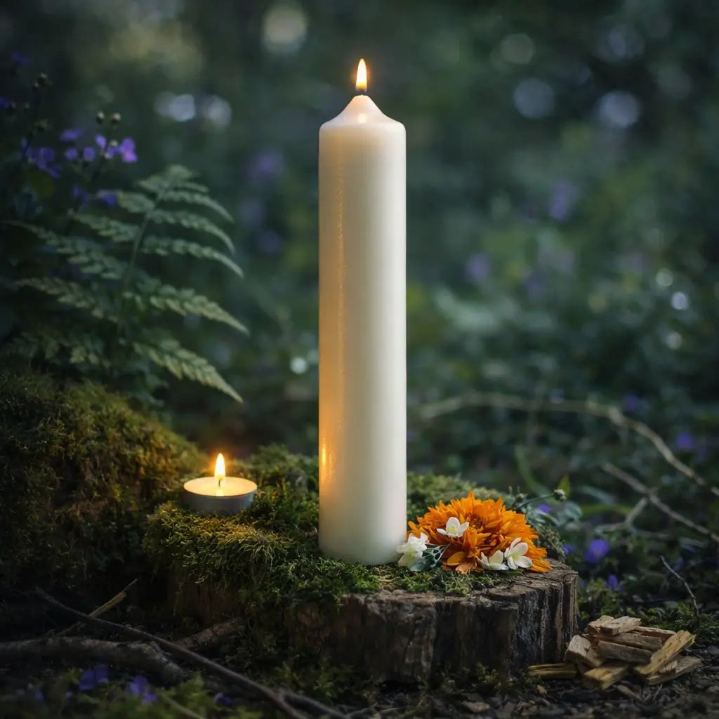 Grand cierge pilier blanc crème allumé, posé sur un tronc moussue dans une forêt crépusculaire, accompagné d'une petite bougie chauffe-plat et de fleurs orangées.