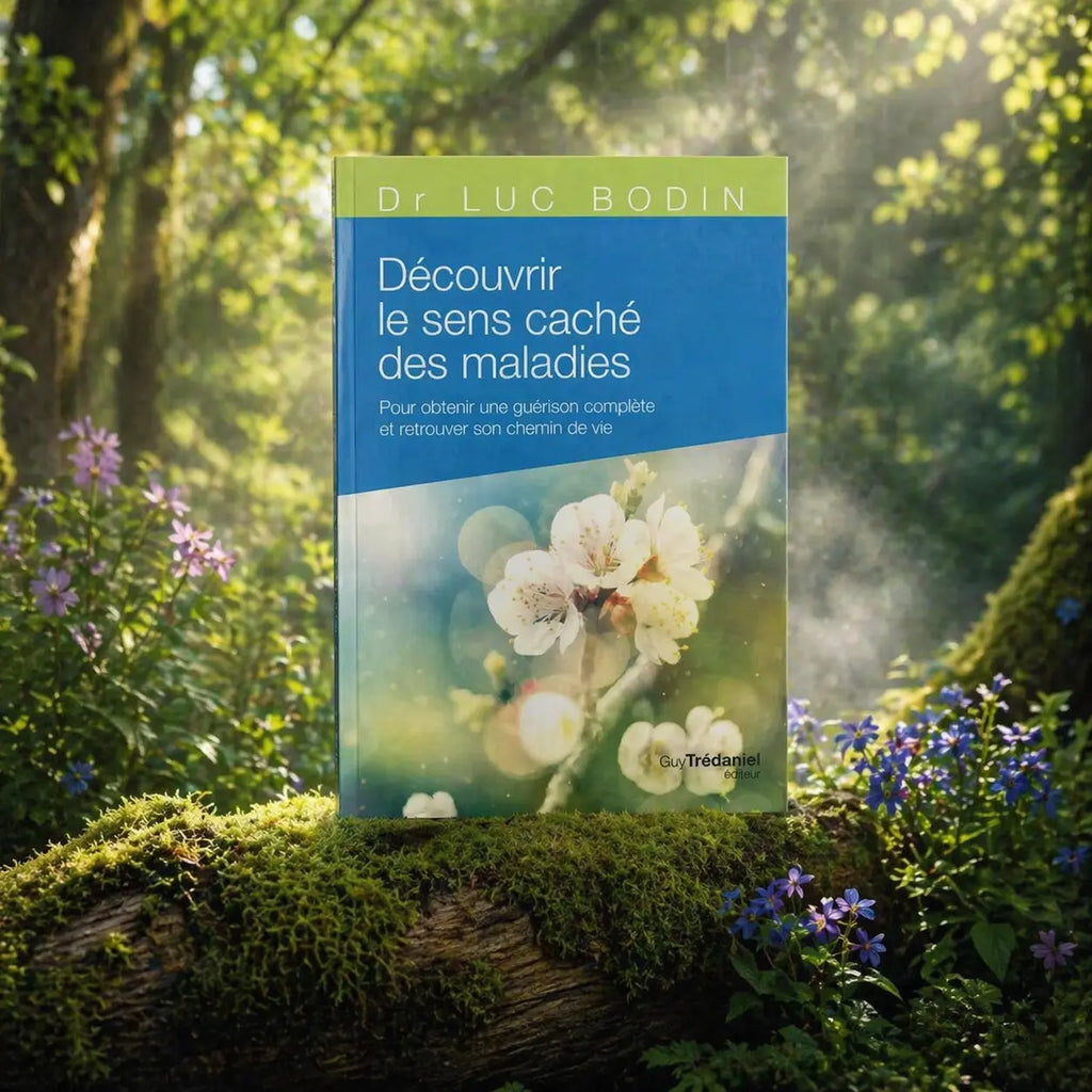 Livre bleu Découvrir le Sens Caché des Maladies du Dr Luc Bodin posé sur une souche moussue, illustré de fleurs de cerisier blanches sous une lumière printanière.