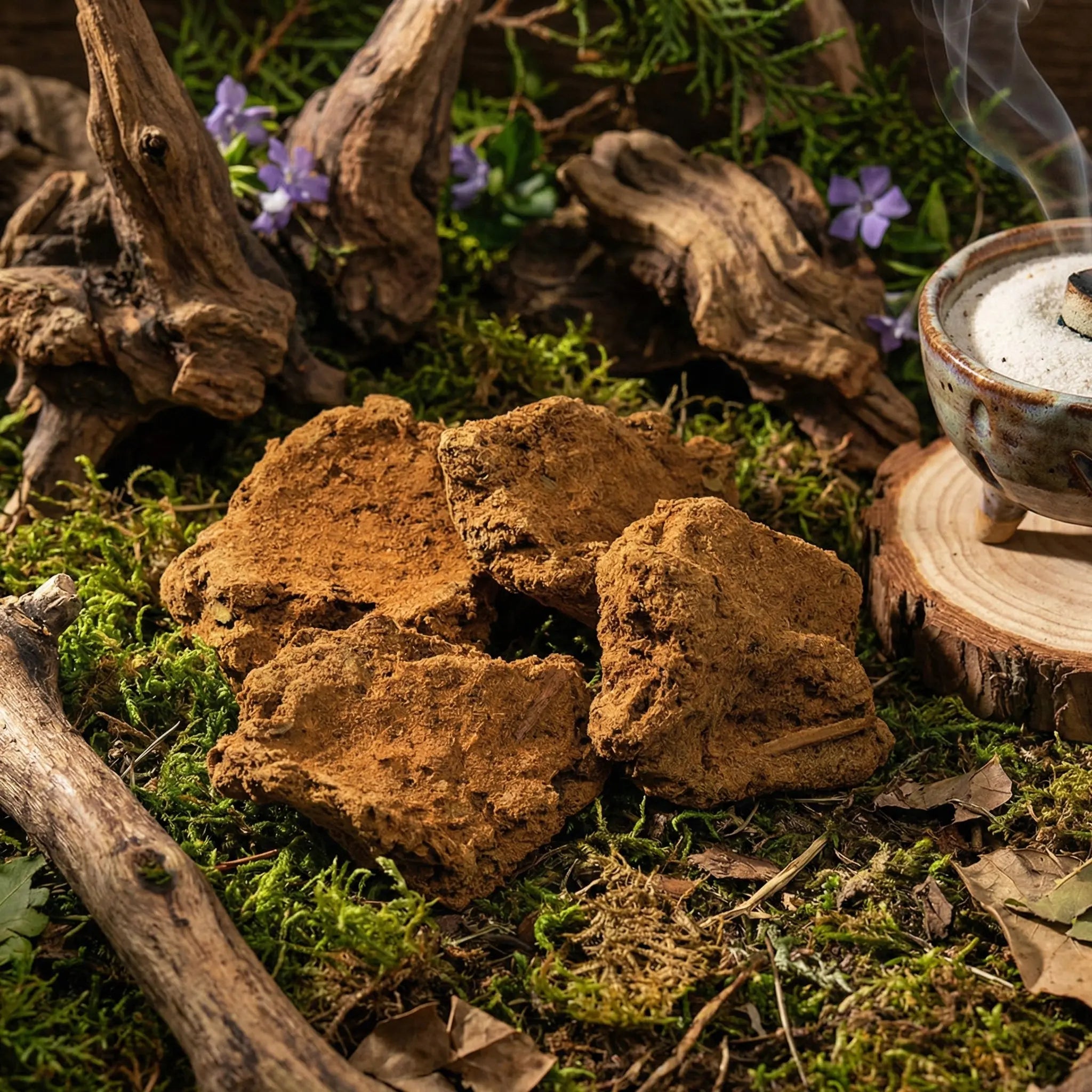 Cristaux d'encens rares Kamasutra bruts ocres sur mousse, entourés de bois et encensoir en céramique fumant.