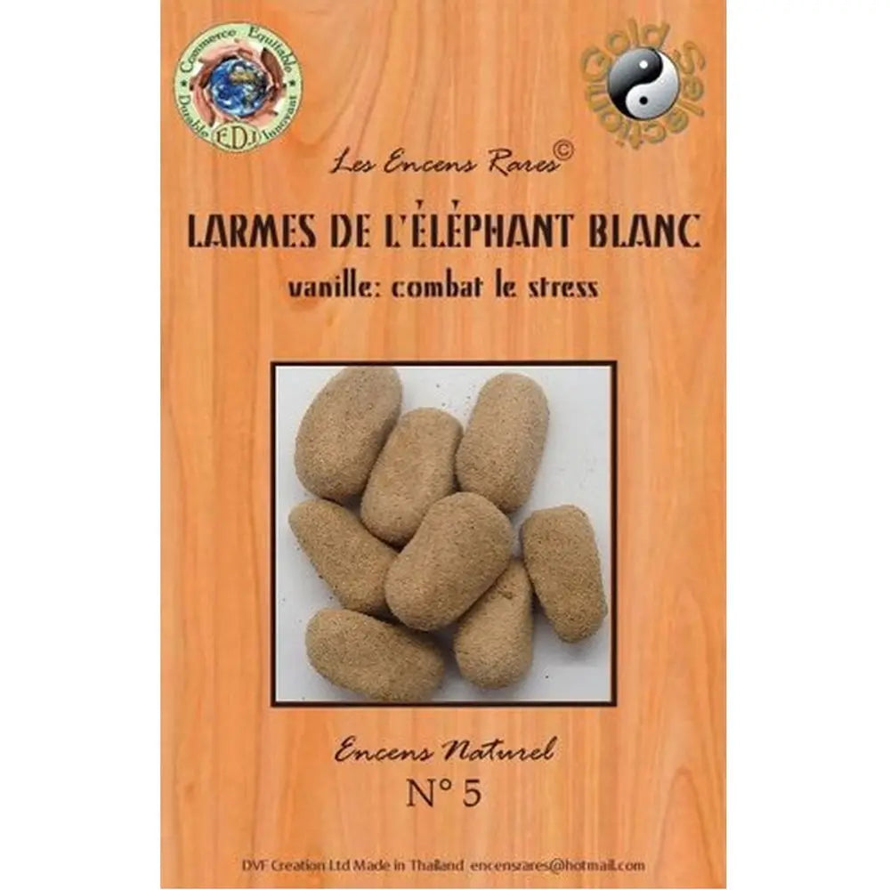 Paquet d’encens rares « Larmes de l’Éléphant Blanc » n°5, visuel de galets d’encens beiges sur fond bois.
