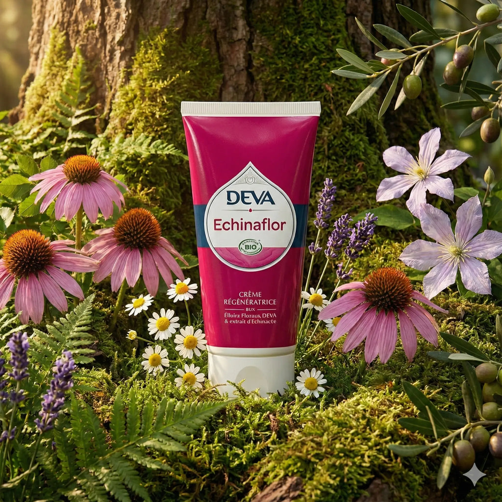 Tube rose et blanc de Deva - Elixirs Floraux - Crème Régénératrice Echinaflor posé sur un lit de mousse et de fleurs d'échinacée.