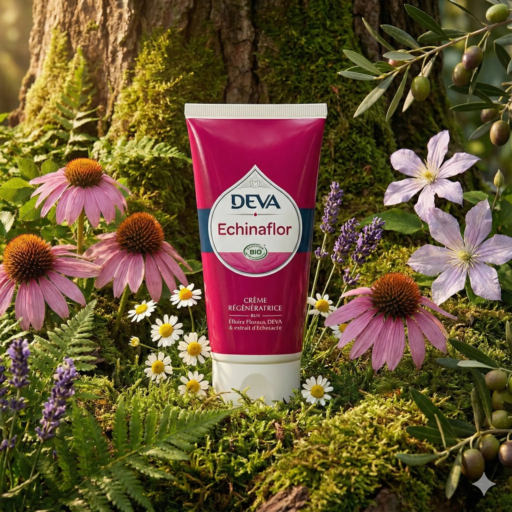 Tube rose et blanc de Deva - Elixirs Floraux - Crème Régénératrice Echinaflor posé sur un lit de mousse et de fleurs d'échinacée.