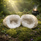 Grande géode ouverte de cristal de roche en deux parties, révélant un cœur de cristaux blancs scintillants, posée sur de la mousse en forêt avec un chaudron fumant en arrière-plan.