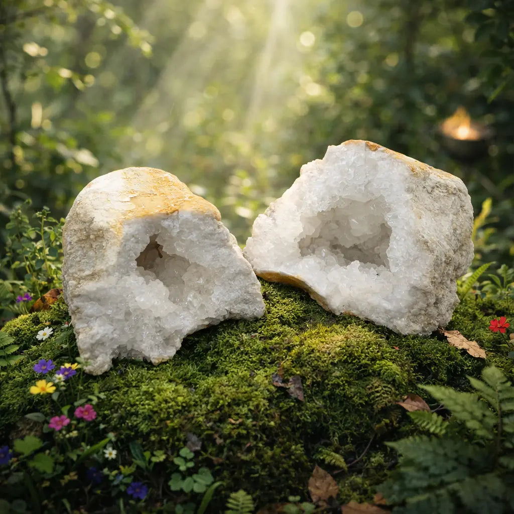 Impressionnante géode ouverte de cristal de roche pesant plus de 4 kg, révélant une cavité profonde de cristaux blancs étincelants sur un lit de mousse forestière fleurie.