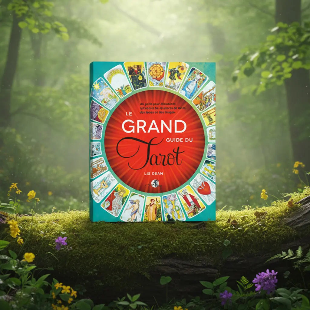 Livre vert canard Le Grand Guide Du Tarot de Liz Dean posé sur une souche, orné d'un grand cercle rouge central entouré d'une roue de cartes colorées.