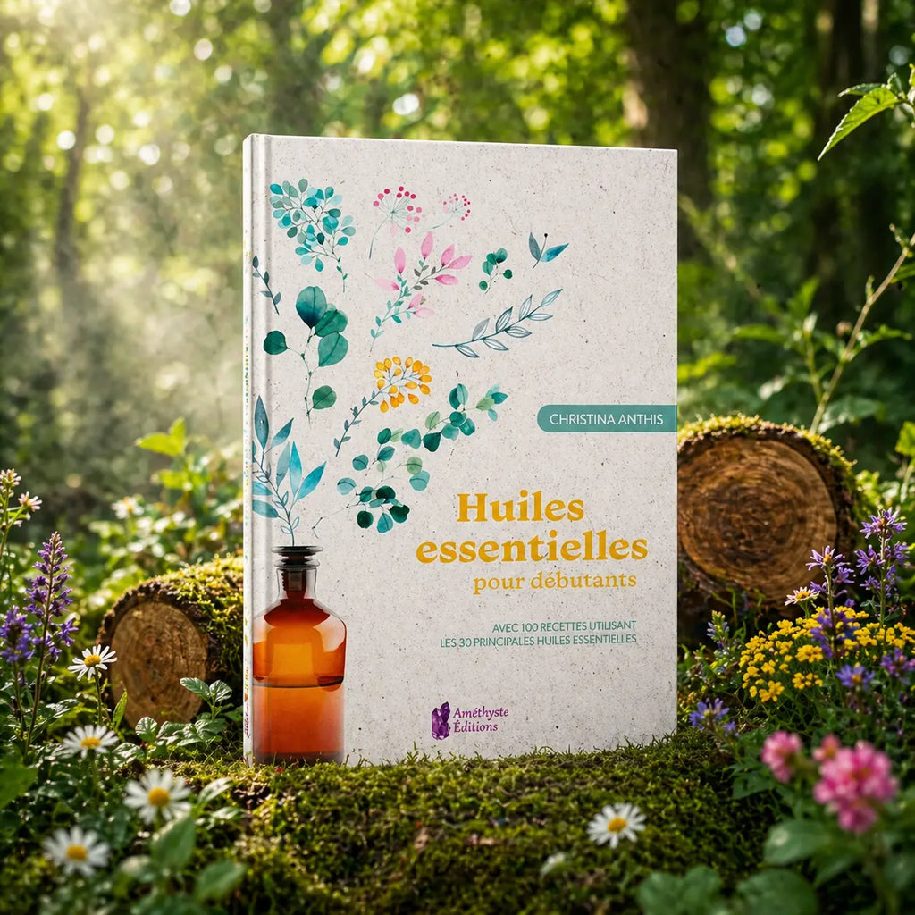 Livre blanc Huiles Essentielles pour Débutants montrant un flacon d'apothicaire d'où s'échappent des branches fleuries colorées dans une forêt ensoleillée.