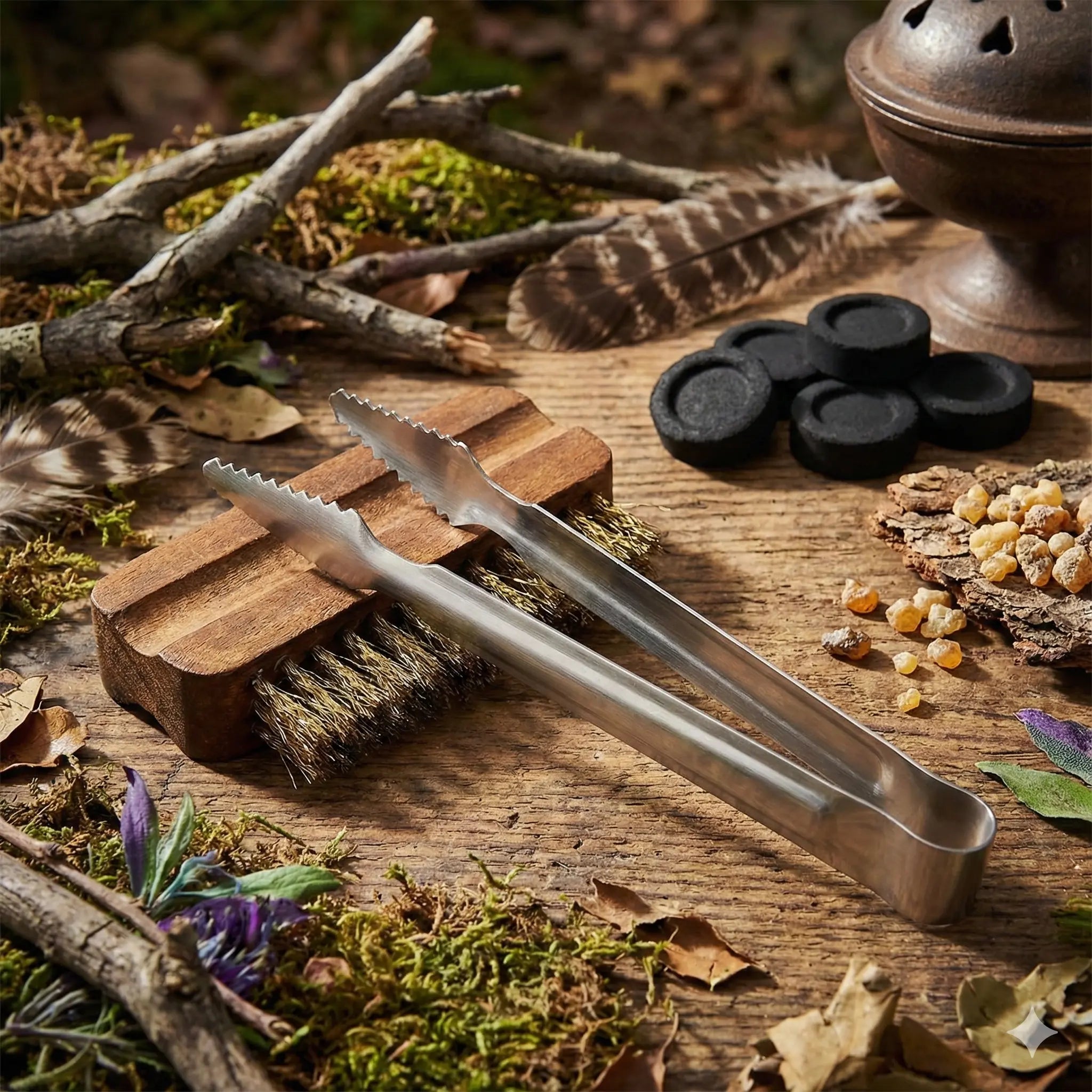 Kit Nettoyage pour Brûle Encens Brosse+Pince posé sur une table en bois pour l'entretien rituel.