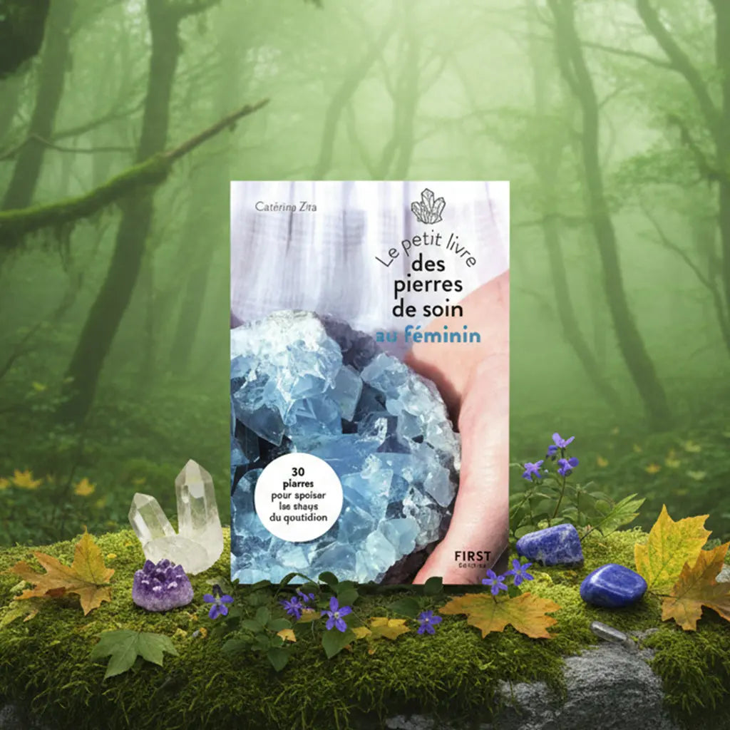 Livre Le Petit Livre des Pierres de Soin au Féminin de Catérina Zita, illustré d'un grand cristal bleu céleste tenu dans des mains, posé sur un rocher moussu.