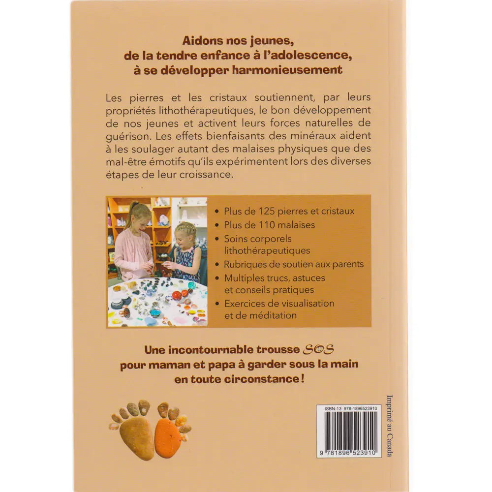 Le dos du livre "Litho pour enfants et ados", présentant un résumé des bienfaits des cristaux pour les jeunes, une liste des points clés abordés (125 pierres, conseils pratiques, exercices) et une photo de deux enfants manipulant des minéraux.