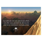 L'Odyssée Intérieure, carte oracle illustrée d'un paysage montagneux au lever du soleil avec un texte inspirant sur la force de l'âme.