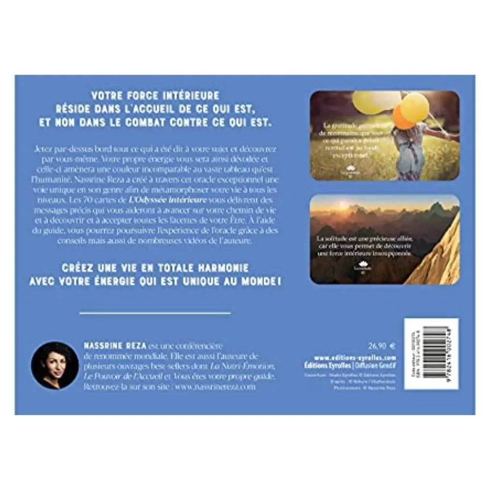 L'Odyssée Intérieure, dos du coffret bleu présentant le résumé de l'oracle, deux exemples de cartes illustrées et le portrait de l'auteure.