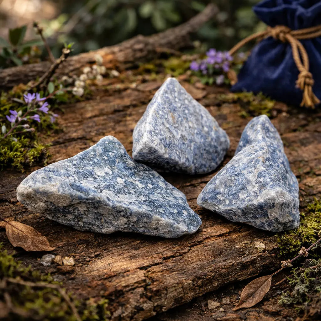 Blocs de Quartz Lazuli brut du Brésil aux nuances bleu clair et poudrées, disposés sur une écorce ancienne dans une atmosphère de calme spirituel.