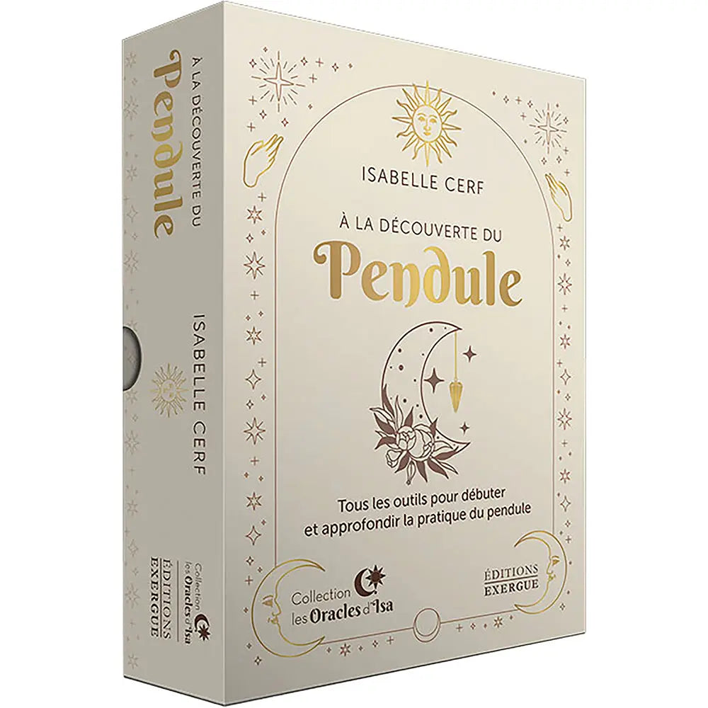 Coffret "À la découverte du Pendule" d'Isabelle Cerf (Éditions Exergue), présentant un design beige et or avec des illustrations de lune et de soleil.