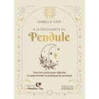 Couverture du coffret « À la découverte du Pendule » d'Isabelle Cerf, présentant un design épuré or et crème avec des illustrations de soleil, de lune et d'étoiles.