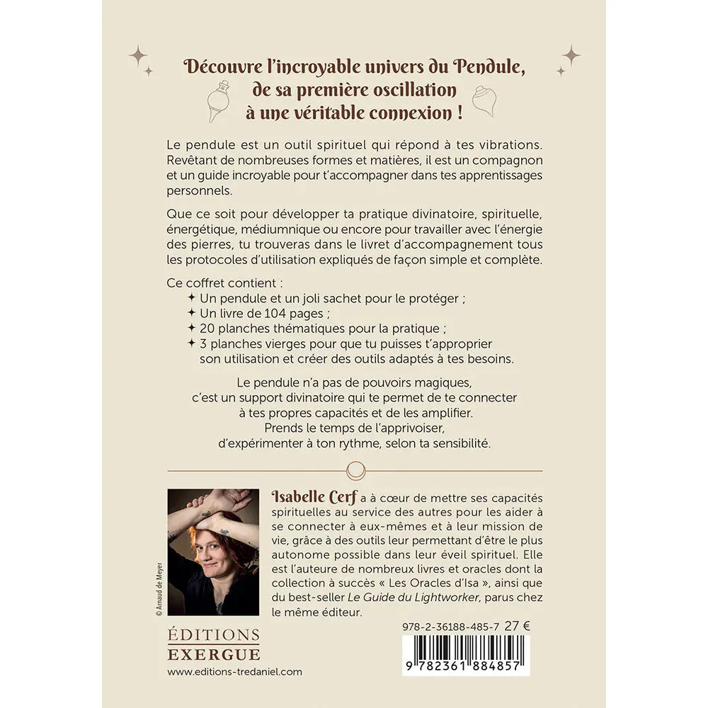 Quatrième de couverture du coffret « À la découverte du Pendule » d'Isabelle Cerf, détaillant son contenu : un pendule avec sachet, un livre de 104 pages, et 23 planches thématiques ou vierges.