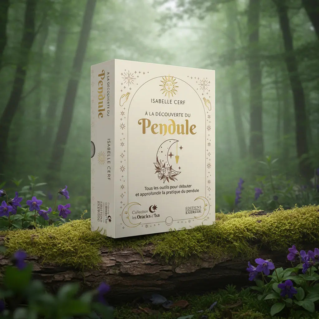 Coffret blanc et or A la Découverte du Pendule d'Isabelle Cerf posé sur une souche, illustré de symboles célestes et d'un pendule doré.