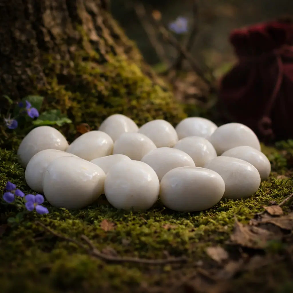 Ensemble de pierres d'agate blanche polies, d'un blanc pur et laiteux, disposées circulairement sur de la mousse forestière avec un pochon bordeaux en arrière-plan.