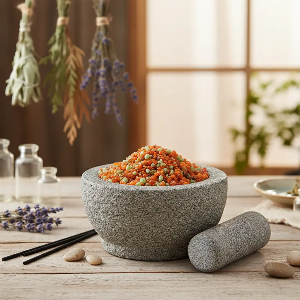 Grains d'encens de résine Agrume (orange et vert) dans un mortier en granit gris avec pilon, entouré de lavande, de galets et d'herbes séchées suspendues.