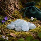 Un groupe de pierres d'aigue-marine roulées d'un bleu clair translucide, déposé sur de la mousse naturelle au pied d'un arbre avec un petit sac en velours vert en arrière-plan.