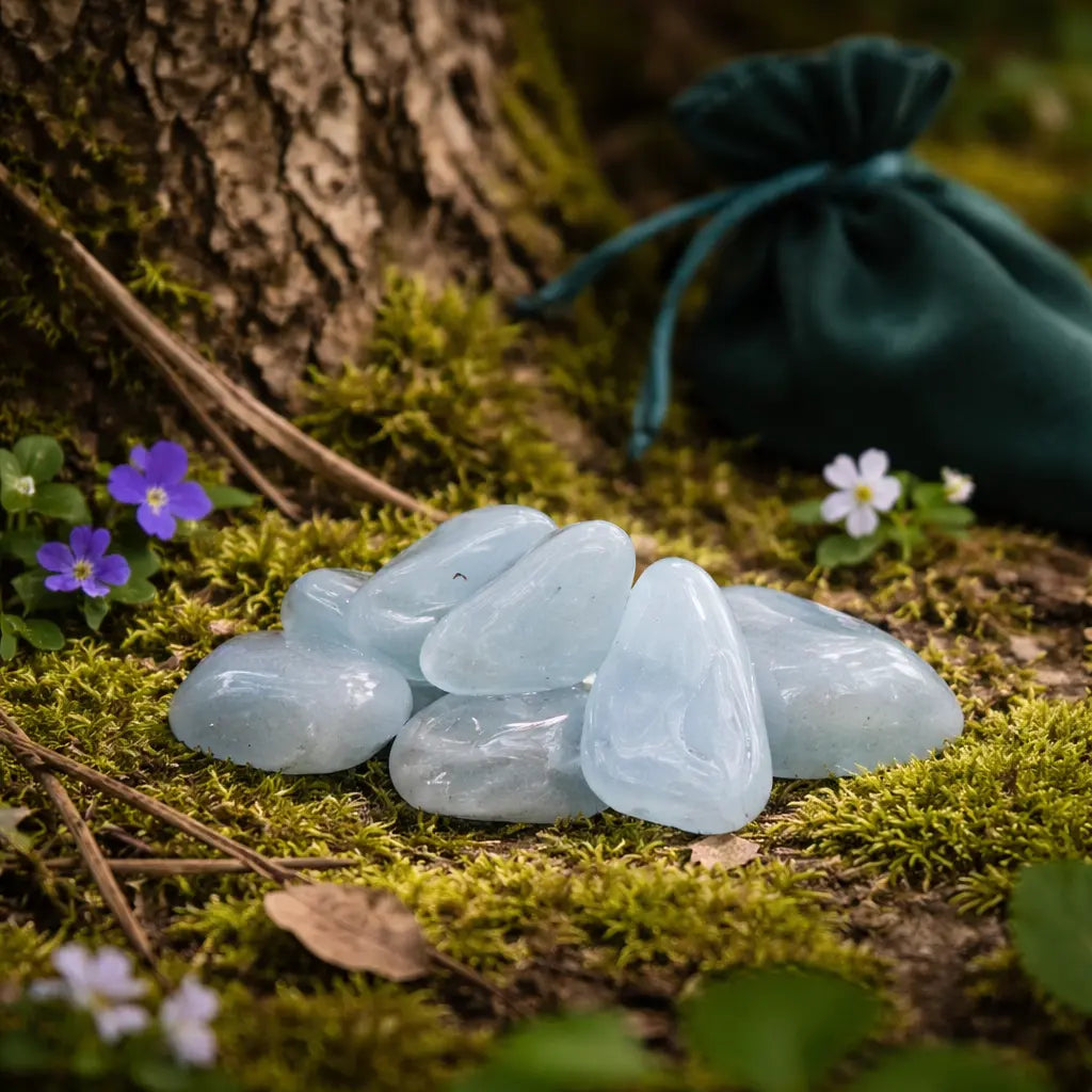 Petit tas de pierres d'aigue-marine polies, d'un bleu d'eau translucide, disposées sur un sol forestier moussue avec un pochon vert sapin.