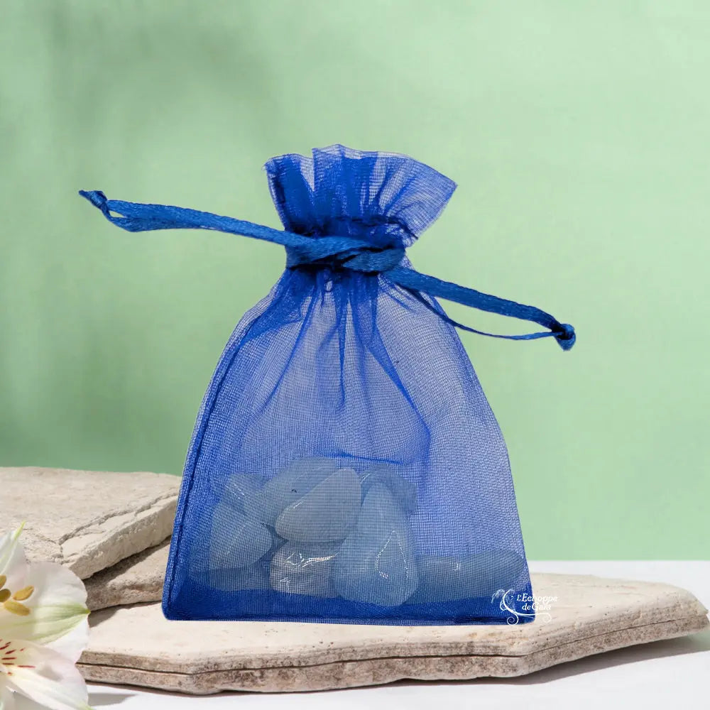 Un petit sac en organza bleu contenant des pierres d'aigue-marine roulées (taille XS), posé sur une pierre plate naturelle devant un arrière-plan vert clair.