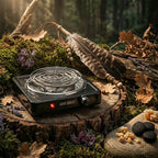 Un allume-charbon électrique noir de marque Jakob Hansen posé sur une souche d'arbre, mis en scène dans un décor forestier avec des plumes, de la mousse, de la résine d'encens et des pastilles de charbon.